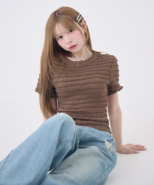 Rmine（アールマイン）の「フリルシャーリングトップス（Tシャツ/カットソー・レディース・ホワイト/ブラウン/ピンク・FREE）」の19枚目の写真