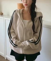 ライン入りジップアップフード付きニットカーディガン