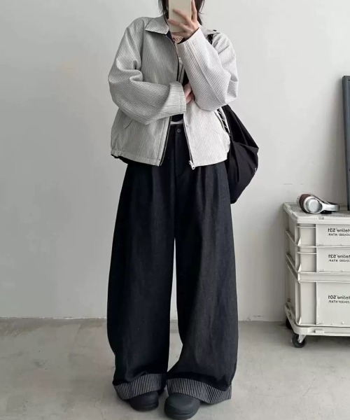 Teem Store(チームストア)の「【リバーシブル】襟裏ストライプ切り替え ジップアップルーズブルゾン(ブルゾン・レディース・ネイビー・M)」の19枚目の写真