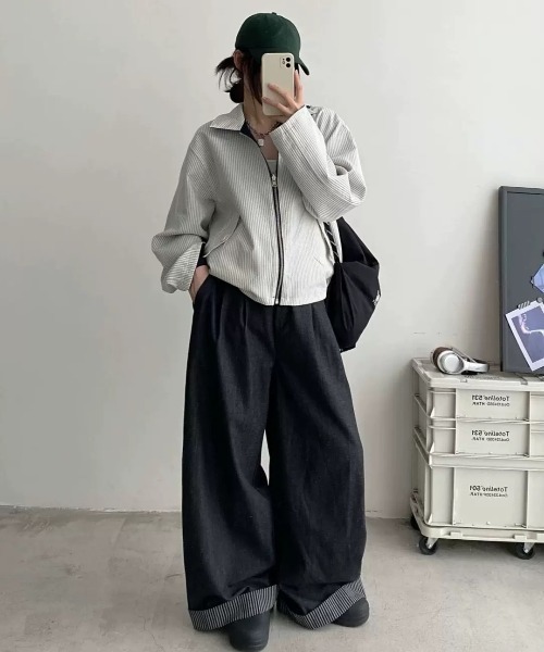 Teem Store(チームストア)の「【リバーシブル】襟裏ストライプ切り替え ジップアップルーズブルゾン(ブルゾン・レディース・ネイビー・M)」の21枚目の写真