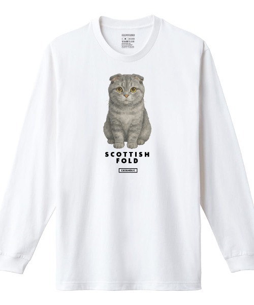 Moftique(モフティック)の「Moftique(モフティック) 長袖Tシャツ スコティッシュフォールド 猫 キャット ペット アニマル プリント 袖リブ ロンT トップス メンズ ユニセックス(Tシャツ/カットソー・メンズ・ホワイト/ブラック・M/XL/L)」の2枚目の写真
