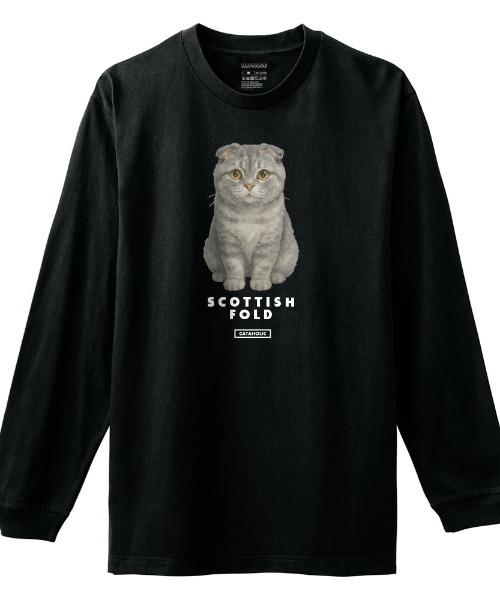 Moftique(モフティック)の「Moftique(モフティック) 長袖Tシャツ スコティッシュフォールド 猫 キャット ペット アニマル プリント 袖リブ ロンT トップス メンズ ユニセックス(Tシャツ/カットソー・メンズ・ホワイト/ブラック・M/XL/L)」の1枚目の写真