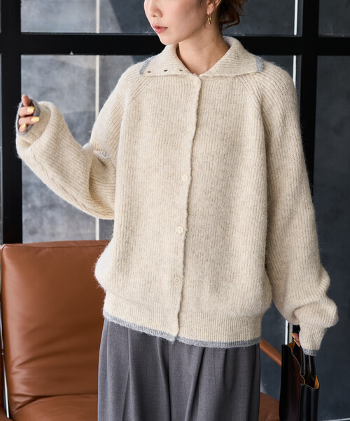 FREAK'S STORE(フリークスストア)の「限定展開 2way ハイネック 配色 ライン ボタン ニット カーディガン(カーディガン/ボレロ・レディース・ネイビー/ブラウン/グレー/ブラック/ナチュラル・フリ-)」の7枚目の写真