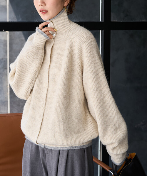 FREAK'S STORE(フリークスストア)の「限定展開 2way ハイネック 配色 ライン ボタン ニット カーディガン(カーディガン/ボレロ・レディース・ネイビー/ブラウン/グレー/ブラック/ナチュラル・フリ-)」の9枚目の写真
