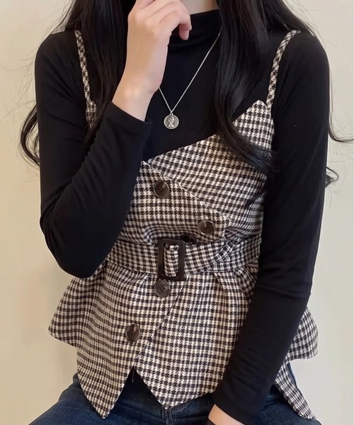 deux amour(ドゥーザムール)の「千鳥柄キャミ+ハイネックニットSET(セットアップ・レディース・ブラック/ブラウン・FREE)」の6枚目の写真