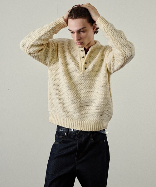 Adoon plain(アドーンプレーン)の「Heavy Pique Henry Neck Knit / 鬼鹿の子ヘンリーネックニット(ニット/セーター・メンズ・ブラウン/チャコールグレー/アイボリー/ボルドー/カーキ・SMALL/MEDIUM/LARGE)」の20枚目の写真
