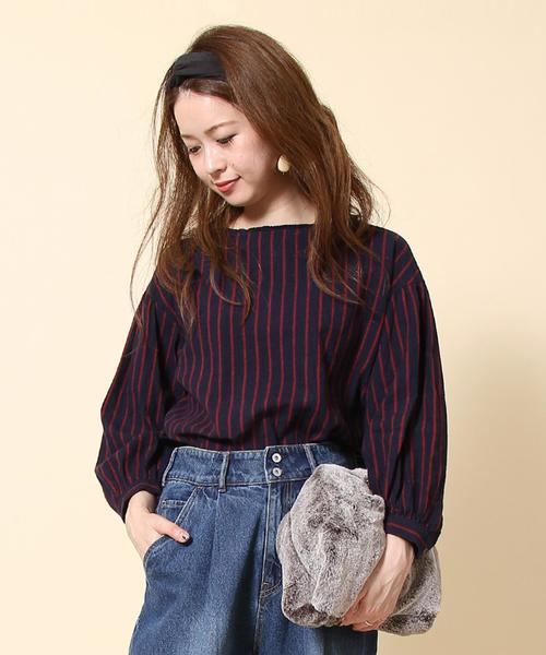 coen（コーエン）の「【『リンネル』2017/11月号掲載】ウィンターリネンストライプブラウス（シャツ/ブラウス・レディース・ネイビー/レッド・FREE）」の3枚目の写真