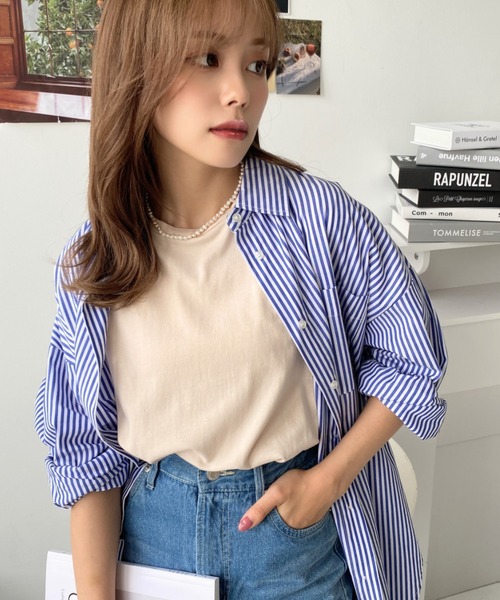 moment+（モーメントプラス）の「綿100％天竺.無地＆ボーダーバックショルダータックノースリーブTシャツ（Tシャツ/カットソー・レディース・ブラック/ベージュ/オフホワイト/杢グレー/グレイッシュベージュ/ピンク/オレンジ/ターコイズブルー/グリーン/クリアグリーン/イエロー×グリーン/ブラック系その他/グレー/オートミール/チャコールグレー・M/L）」の7枚目の写真