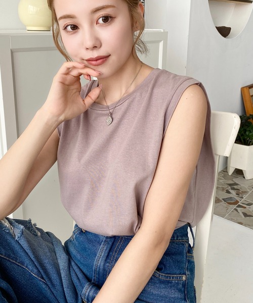 moment+（モーメントプラス）の「綿100％天竺.無地＆ボーダーバックショルダータックノースリーブTシャツ（Tシャツ/カットソー・レディース・ブラック/ベージュ/オフホワイト/杢グレー/グレイッシュベージュ/ピンク/オレンジ/ターコイズブルー/グリーン/クリアグリーン/イエロー×グリーン/ブラック系その他/グレー/オートミール/チャコールグレー・M/L）」の9枚目の写真