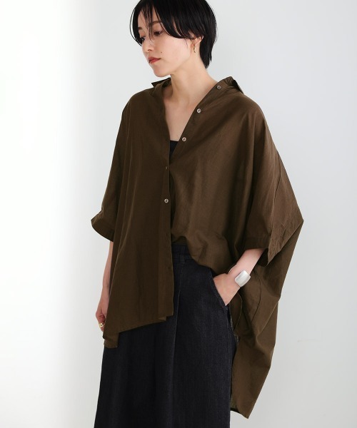 Bou Jeloud(ブージュルード)の「ワイドシャツブラウス(シャツ/ブラウス・レディース・ブラウン/オフホワイト/マスタード/ブルーグリーン/A・38)」の2枚目の写真