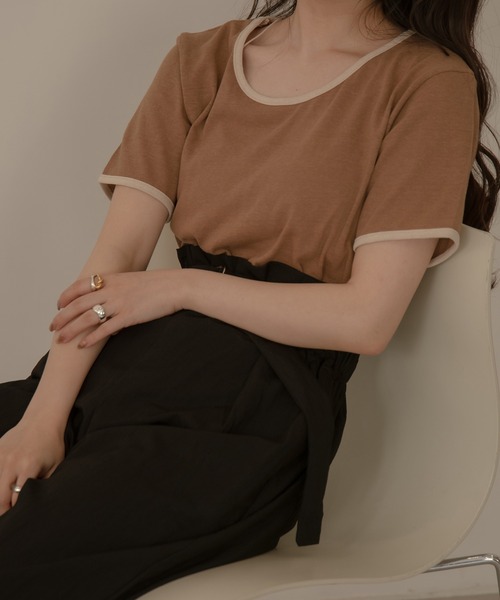 lawgy（ラウジー）の「bicolor linen tops（Tシャツ/カットソー・レディース・アイボリー/ブラック/ブラウン・FREE）」の9枚目の写真