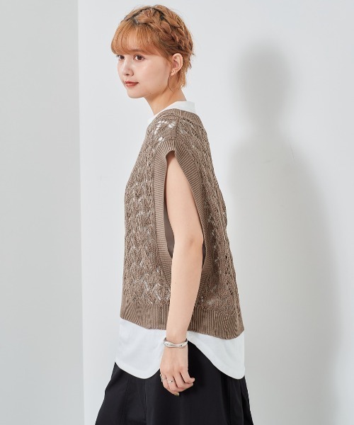 cepo（セポ）の「スカシアミベスト＋ノースリーブ　アンサンブル（ベスト・レディース・サックスブルー/モカ/ベージュ・M）」の7枚目の写真