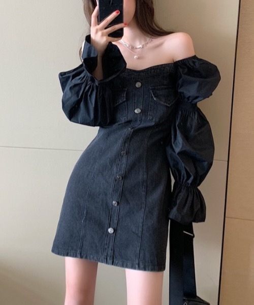KOR(ケーオーアール)の「パフ デニム ワンピース(ワンピース・レディース・ブラック・S/M/L/XL)」の3枚目の写真