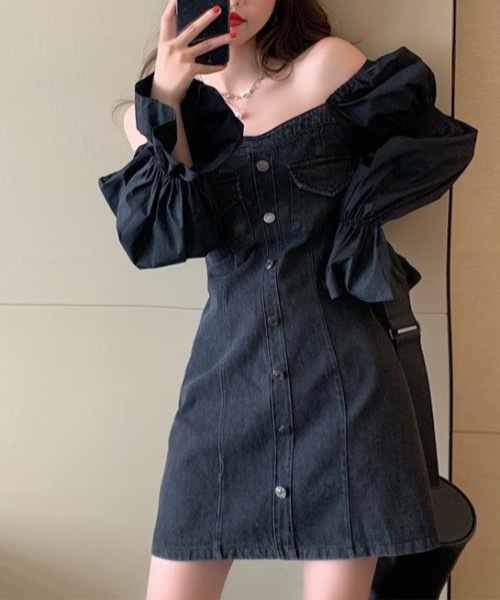 KOR(ケーオーアール)の「パフ デニム ワンピース(ワンピース・レディース・ブラック・S/M/L/XL)」の7枚目の写真