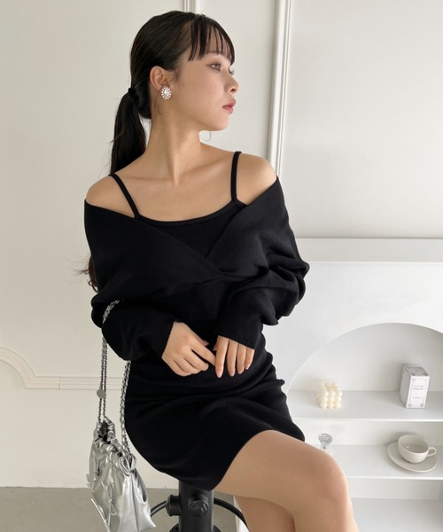 Loueme(ルエム)の「カシュクールニットミニワンピース2点SET(ワンピース・レディース・ブラック/ブラウン・FREE)」の2枚目の写真