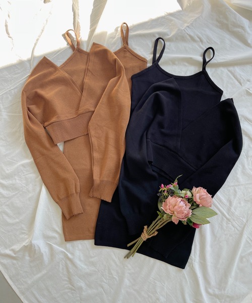 Loueme(ルエム)の「カシュクールニットミニワンピース2点SET(ワンピース・レディース・ブラック/ブラウン・FREE)」の5枚目の写真