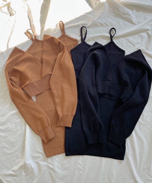 Loueme(ルエム)の「カシュクールニットミニワンピース2点SET(ワンピース・レディース・ブラック/ブラウン・FREE)」の4枚目の写真