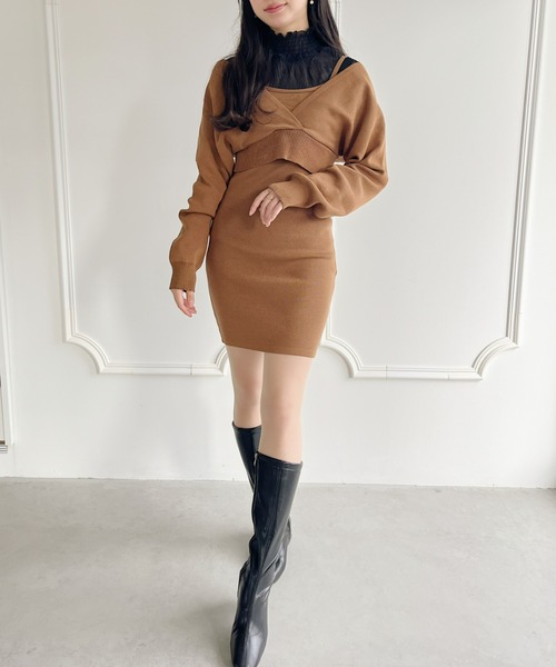 Loueme(ルエム)の「カシュクールニットミニワンピース2点SET(ワンピース・レディース・ブラック/ブラウン・FREE)」の11枚目の写真