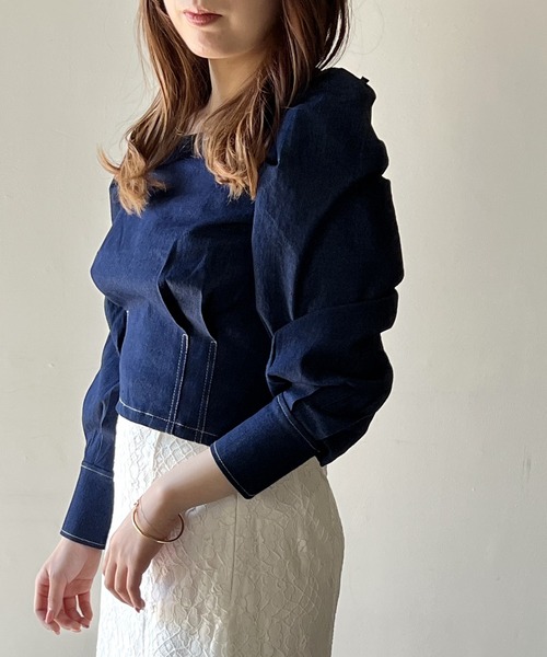 NOMAE(ノーマエ)の「スクエアタックショートブラウス(シャツ/ブラウス・レディース・ライトブルー/グリーン系その他/ダークブルー/グレー系その他・FREE)」の3枚目の写真