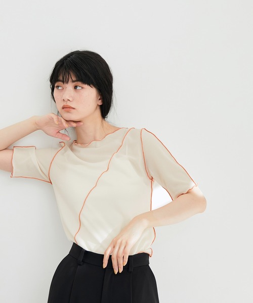 ADAM ET ROPE'(アダムエロペ)の「【一部直営店舗・WEB限定】シアーカラーメローTee(Tシャツ/カットソー・レディース・グリーン系その他/オフホワイト/ブラック・FREE)」の2枚目の写真
