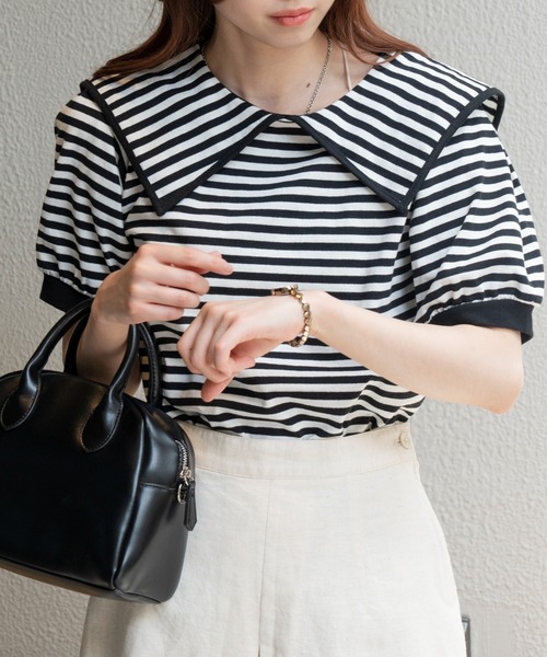 WEGO(ウィゴー)の「WEGO/セーラーカラーパフスリーブトップス(Tシャツ/カットソー・レディース・ブラック系その他5/ブラック・FREE)」の1枚目の写真
