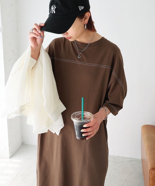 配色ステッチオーバーサイズ半袖Tシャツワンピース