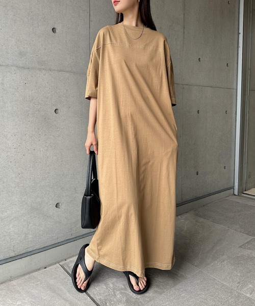 セール】配色ステッチオーバーサイズ半袖Tシャツワンピース