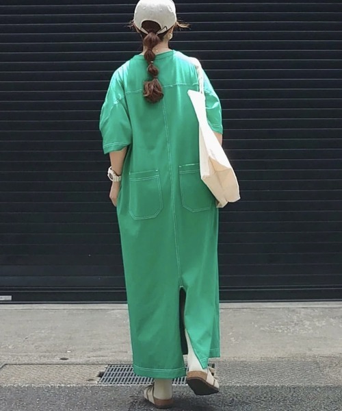 配色ステッチオーバーサイズ半袖Tシャツワンピース