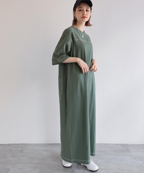 配色ステッチオーバーサイズ半袖Tシャツワンピース