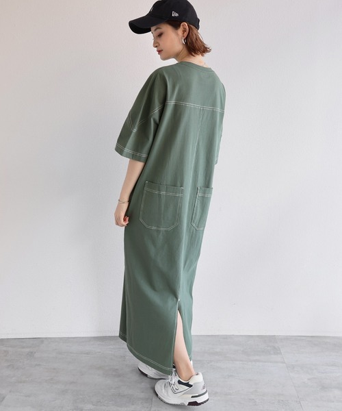 配色ステッチオーバーサイズ半袖Tシャツワンピース