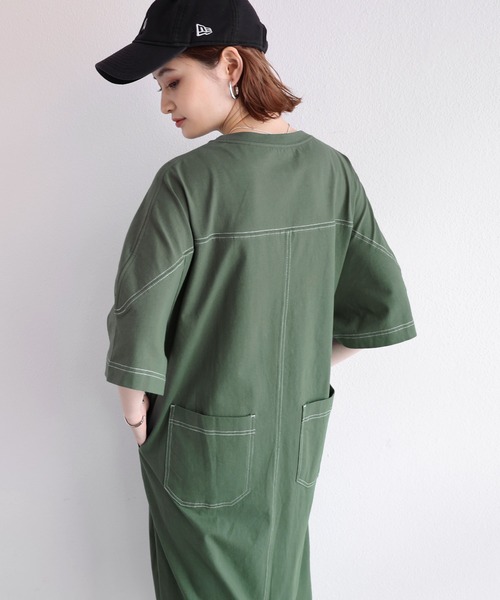 配色ステッチオーバーサイズ半袖Tシャツワンピース