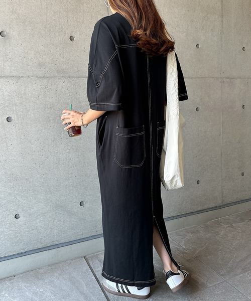 セール】配色ステッチオーバーサイズ半袖Tシャツワンピース