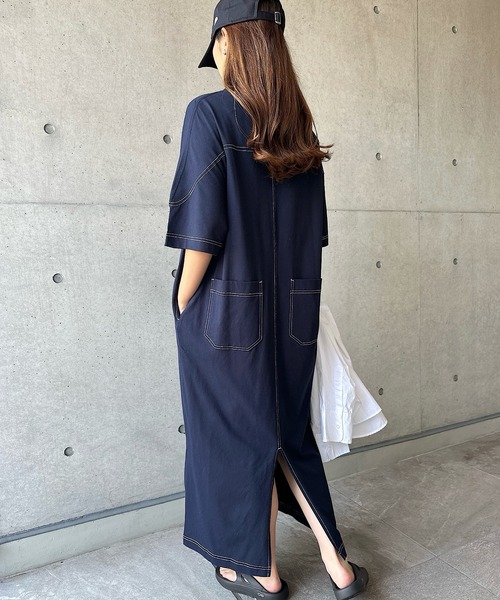 セール】配色ステッチオーバーサイズ半袖Tシャツワンピース