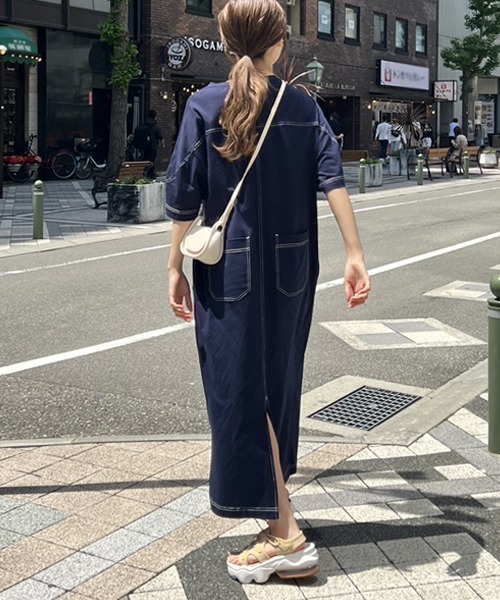 秋新作！ネイビー シャツワンピース Mサイズ 半袖 シャツワンピース ロング丈 マキシ丈 半袖 ポケット ボタン