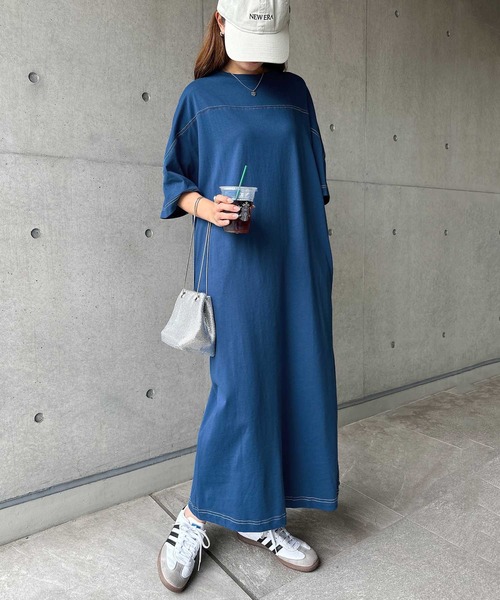 セール】配色ステッチオーバーサイズ半袖Tシャツワンピース