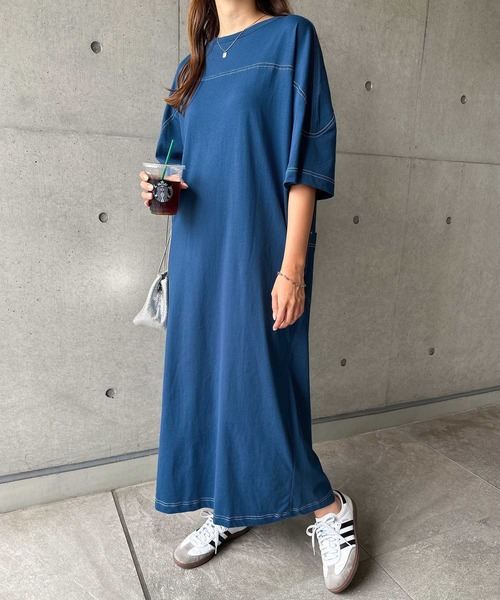 セール】配色ステッチオーバーサイズ半袖Tシャツワンピース