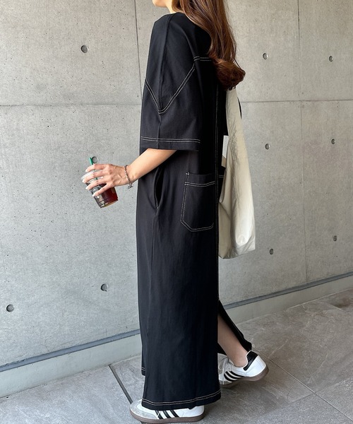 セール】配色ステッチオーバーサイズ半袖Tシャツワンピース