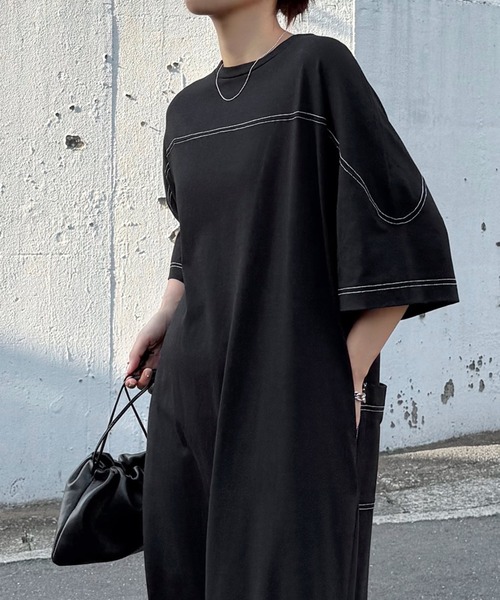 セール】配色ステッチオーバーサイズ半袖Tシャツワンピース
