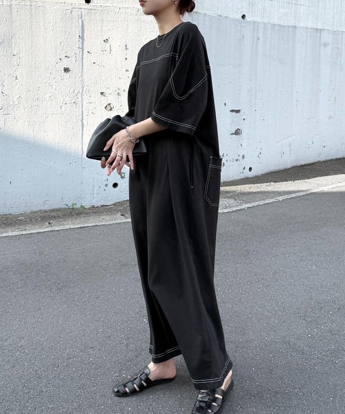 セール】配色ステッチオーバーサイズ半袖Tシャツワンピース