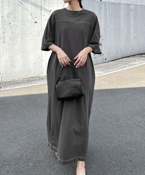 セール】配色ステッチオーバーサイズ半袖Tシャツワンピース