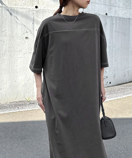 セール】配色ステッチオーバーサイズ半袖Tシャツワンピース
