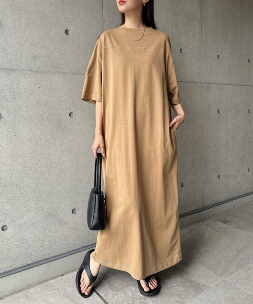 セール】配色ステッチオーバーサイズ半袖Tシャツワンピース