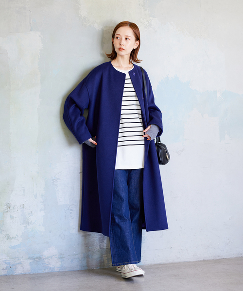 JOURNAL STANDARD ノーカラーロングジャケット ネイビー JOURNAL STANDARD（ジャーナルスタンダード）の「スーパー140ビーバー