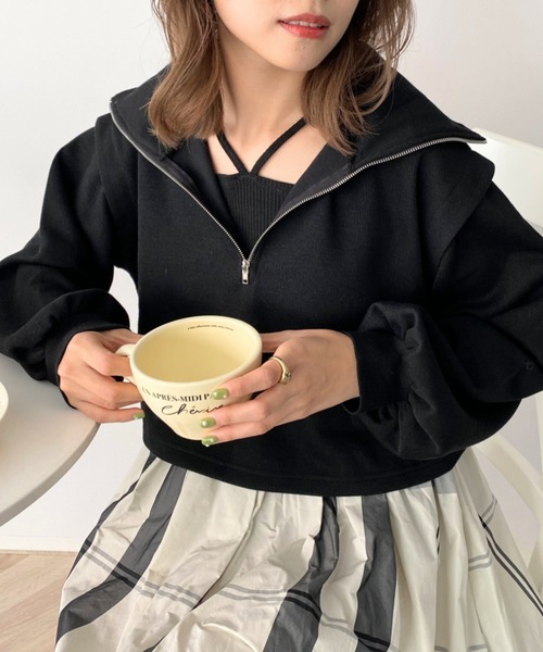 moment+（モーメントプラス）の「ショルダータックハーフジッププルオーバー＆ホルターネックドッキングワンピース（ワンピース・レディース・ブラック系その他/グレイッシュベージュ/ブラック/杢グレー・M）」の7枚目の写真