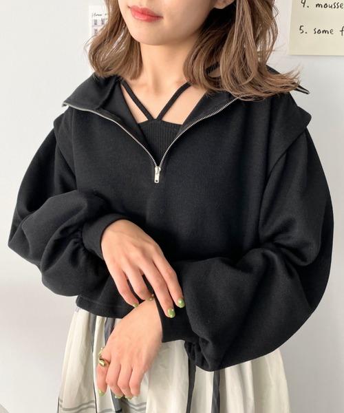 moment+（モーメントプラス）の「ショルダータックハーフジッププルオーバー＆ホルターネックドッキングワンピース（ワンピース・レディース・ブラック系その他/グレイッシュベージュ/ブラック/杢グレー・M）」の9枚目の写真