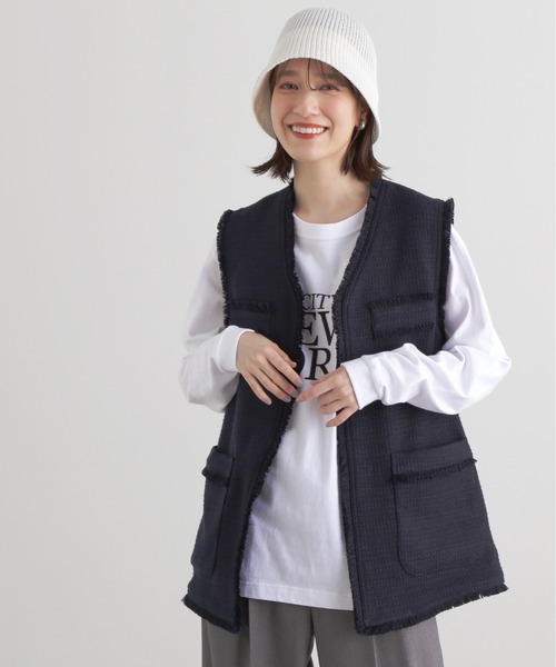 N.（N. Natural Beauty Basic）（エヌエヌナチュラルビューティーベーシック）の「【川津明日香さん着用】◆ツイードジレジャケット（ベスト・レディース・チェック/ネイビー・MEDIUM）」の3枚目の写真