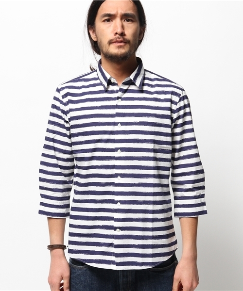 417 EDIFICE（フォーワンセブンエディフィス）の「◇カスレボーダーブロードレギュラーカラー 7/S シャツ（シャツ/ブラウス・メンズ・ネイビー・MEDIUM/SMALL/LARGE）」の2枚目の写真