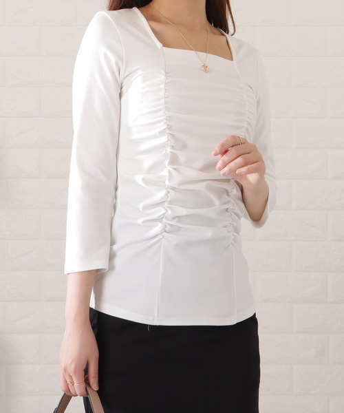 Lace Ladies(レースレディース)の「7分袖ギャザーフロントプルオーバー(シャツ/ブラウス・レディース・ブラック/ホワイト・M/XL/S/L)」の1枚目の写真