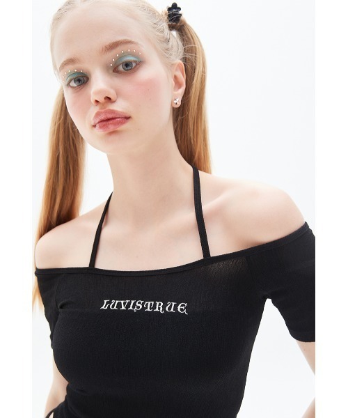 LUVISTRUE(ラヴイズトゥルー)の「A'GEM/9 × .kom『LUV IS TRUE/ラブ イズ トゥルー』 OFF SHOULDER TEE/オフショルダー Tシャツ 半袖 カットソー(Tシャツ/カットソー・レディース・ホワイト/ブラック・FREE)」の7枚目の写真
