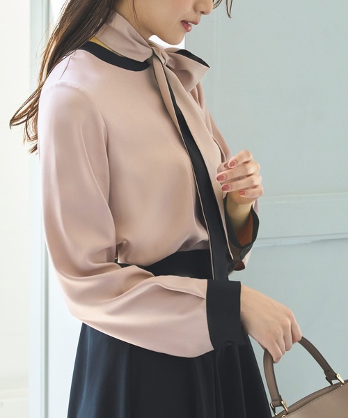 ブラウス シャツ ストレッチ ｜ マルチway バイカラーボウタイブラウス ｜ 長袖 ノーカラー トップス 体型カバー  オフィスカジュアル 通勤服 ストレッチ ｜ マルチway バイカラーボウタイブラウス ｜ 長袖